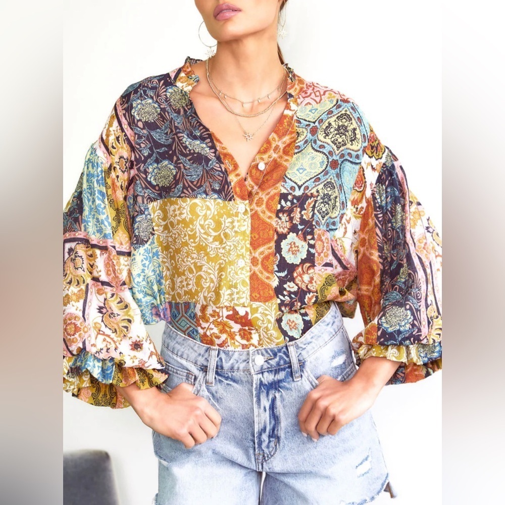 Sacred Threads Boho Patchwork Top - Picture 1 of 7